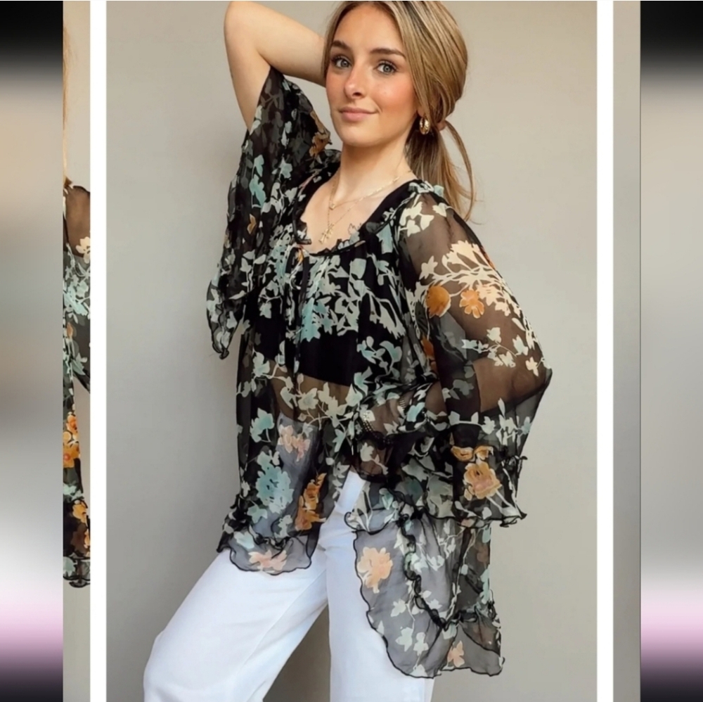 JOHNNY WAS Lindsay Flowy Floral Shear Silk Top Black Teal NWT - Picture 7 of 16